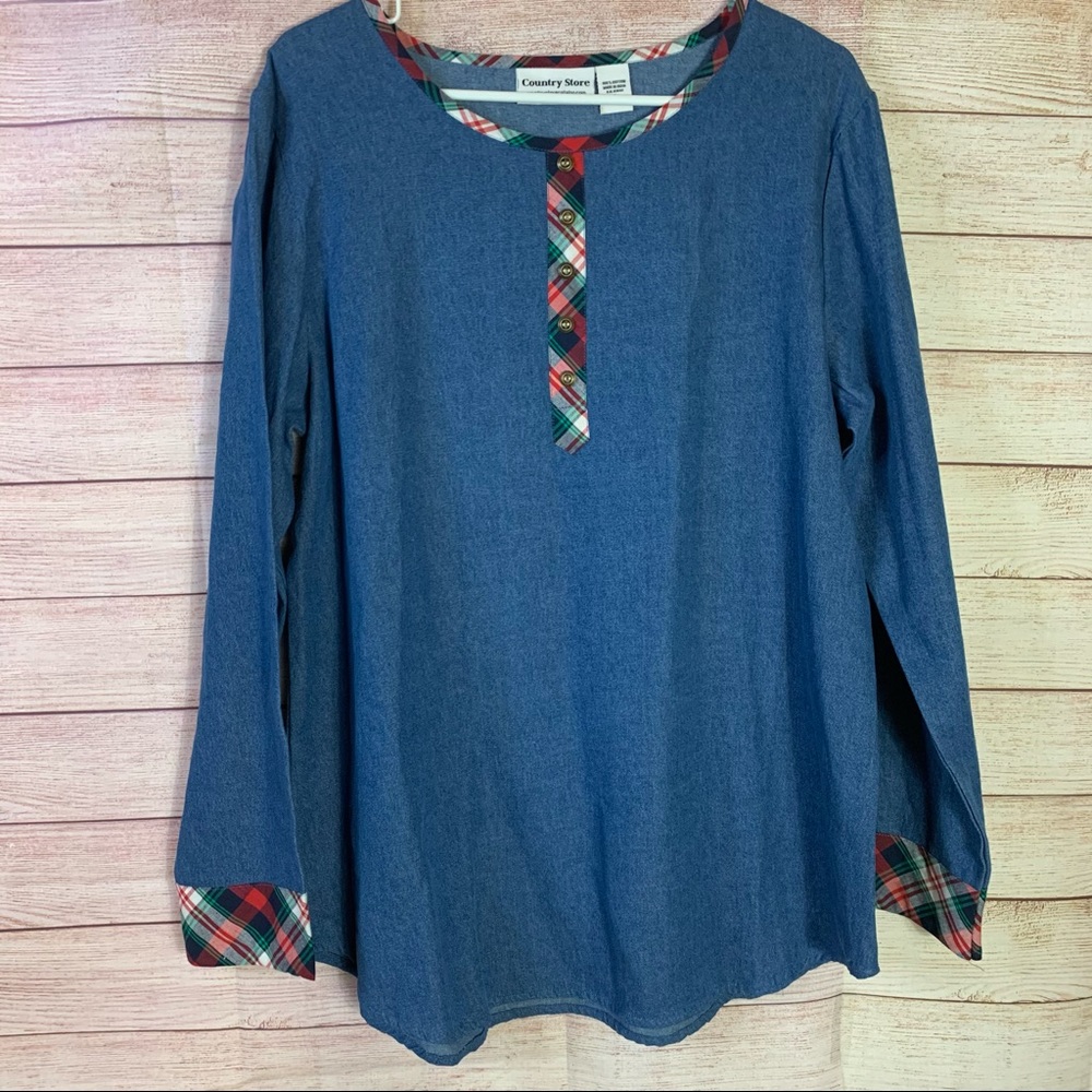 Country‎ Store Denim Plaid Blouse Large